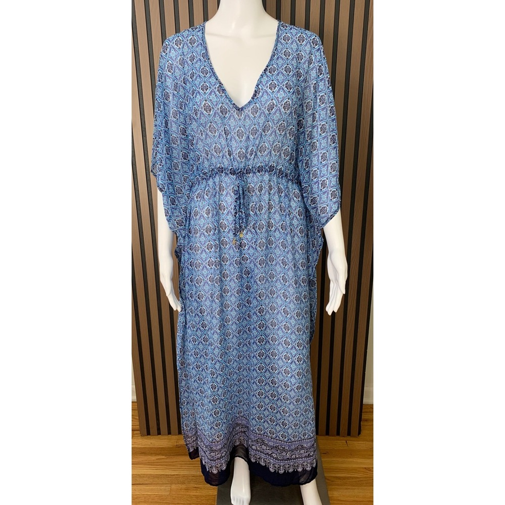 Tommy Bahama Women's Blue Tile Print Maxi Kaftan Swim‎ Cover Up S/M